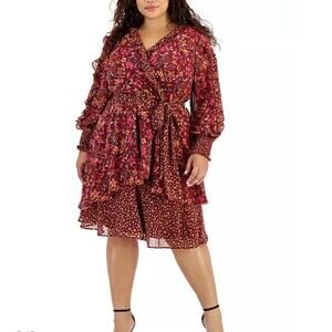 Tahari Women's Red Floral Mixed-Print Faux-Wrap Ruffled Dress Plus Size 20W